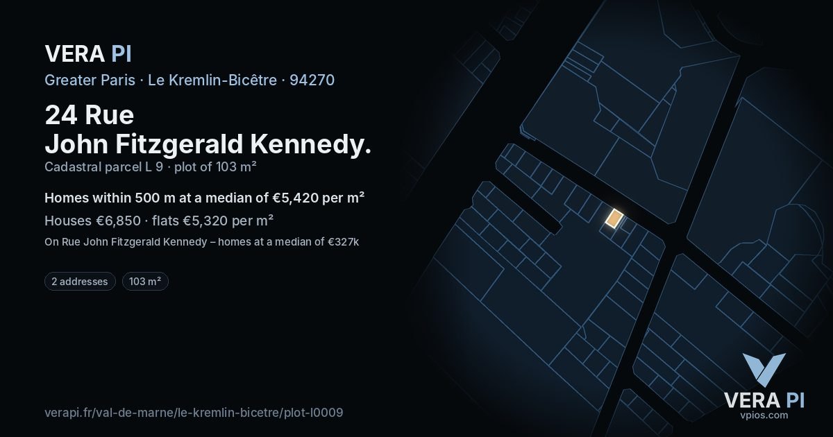 24 Rue John Fitzgerald Kennedy, Le Kremlin-Bicêtre at night – the plot lit, the parcels around coloured by the prices near them