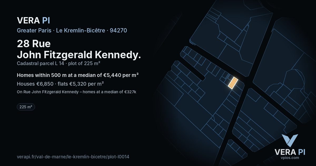 28 Rue John Fitzgerald Kennedy, Le Kremlin-Bicêtre at night – the plot lit, the parcels around coloured by the prices near them