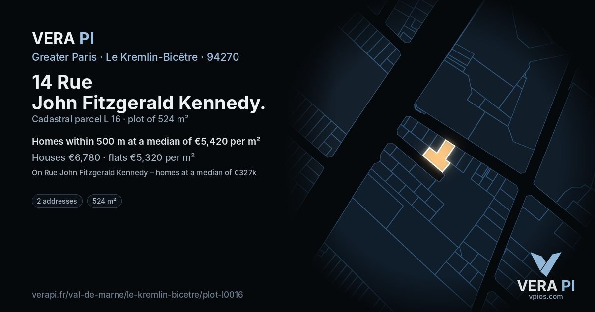 14 Rue John Fitzgerald Kennedy, Le Kremlin-Bicêtre at night – the plot lit, the parcels around coloured by the prices near them