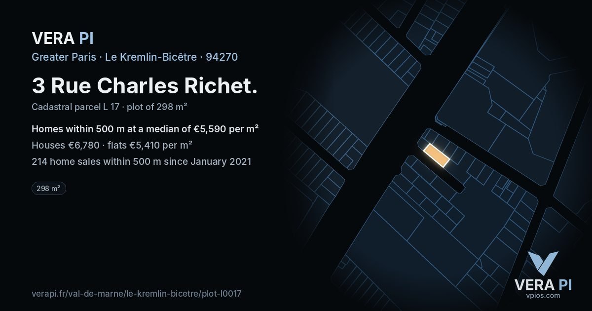 3 Rue Charles Richet, Le Kremlin-Bicêtre at night – the plot lit, the parcels around coloured by the prices near them