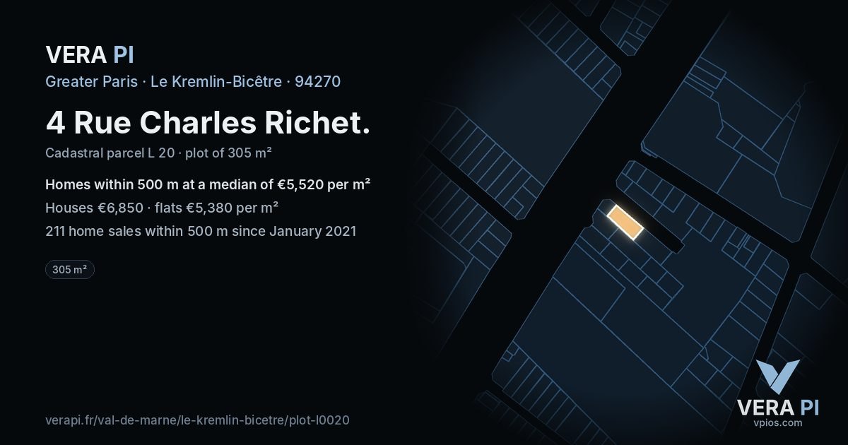 4 Rue Charles Richet, Le Kremlin-Bicêtre at night – the plot lit, the parcels around coloured by the prices near them