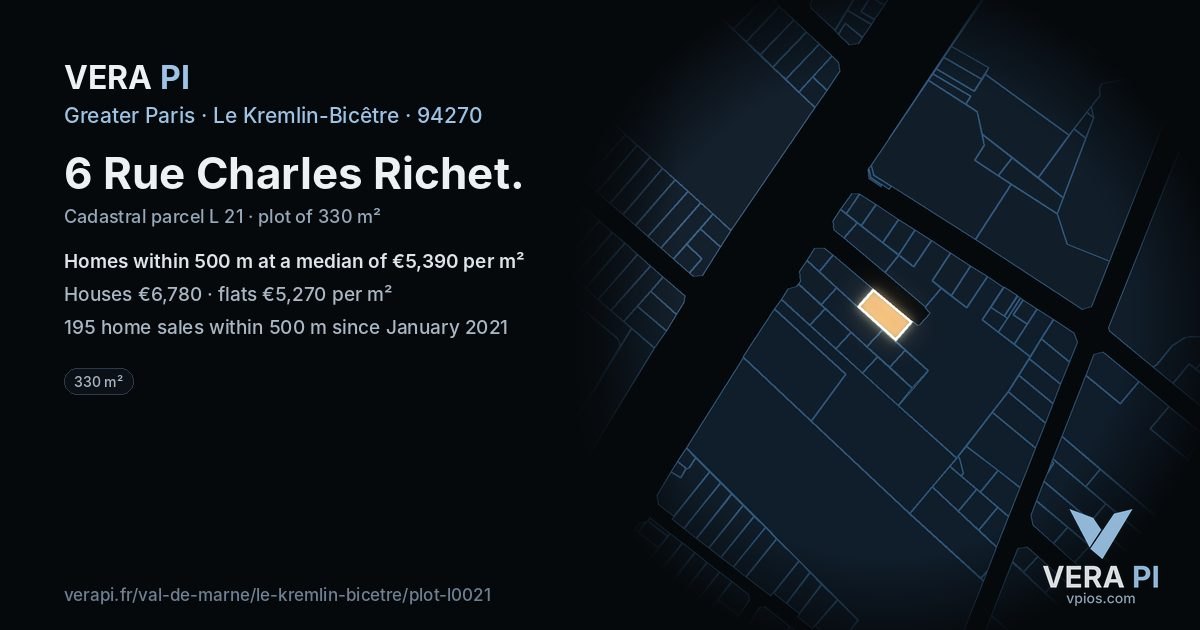 6 Rue Charles Richet, Le Kremlin-Bicêtre at night – the plot lit, the parcels around coloured by the prices near them