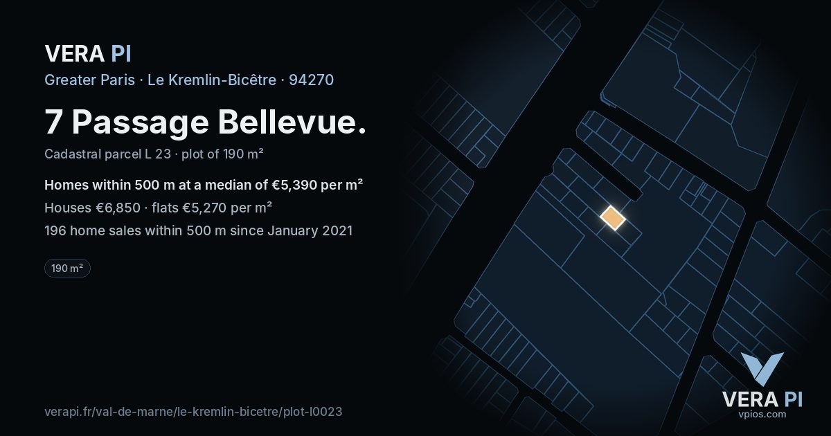 7 Passage Bellevue, Le Kremlin-Bicêtre at night – the plot lit, the parcels around coloured by the prices near them