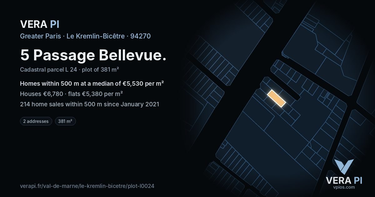 5 Passage Bellevue, Le Kremlin-Bicêtre at night – the plot lit, the parcels around coloured by the prices near them