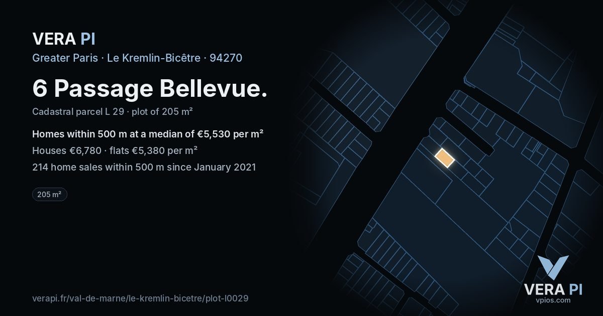 6 Passage Bellevue, Le Kremlin-Bicêtre at night – the plot lit, the parcels around coloured by the prices near them