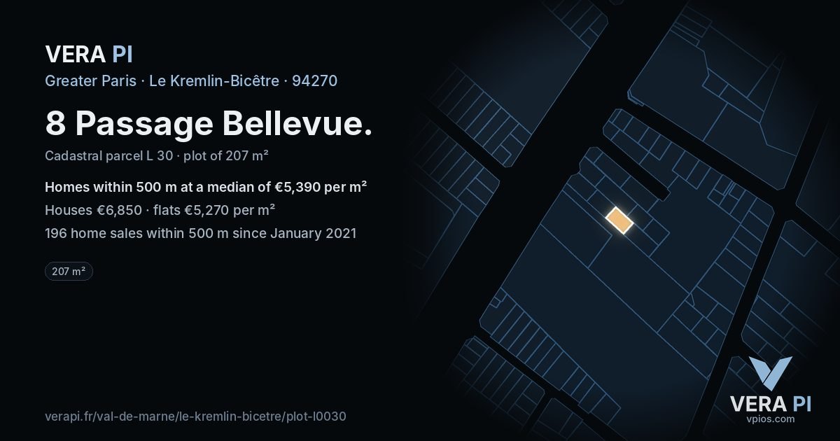 8 Passage Bellevue, Le Kremlin-Bicêtre at night – the plot lit, the parcels around coloured by the prices near them