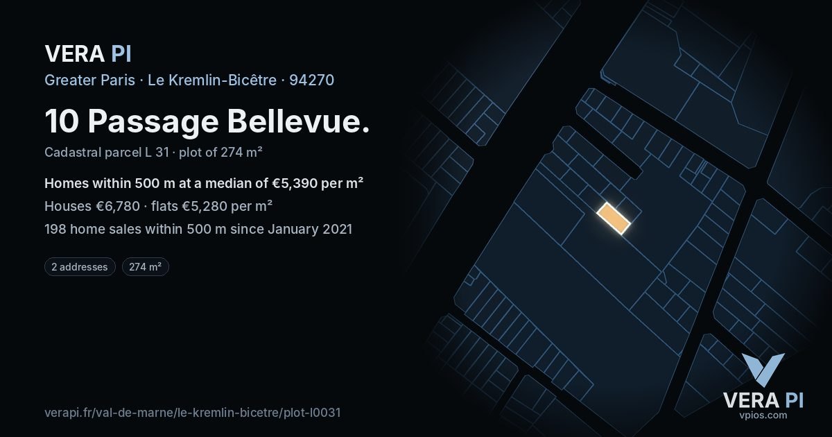 10 Passage Bellevue, Le Kremlin-Bicêtre at night – the plot lit, the parcels around coloured by the prices near them