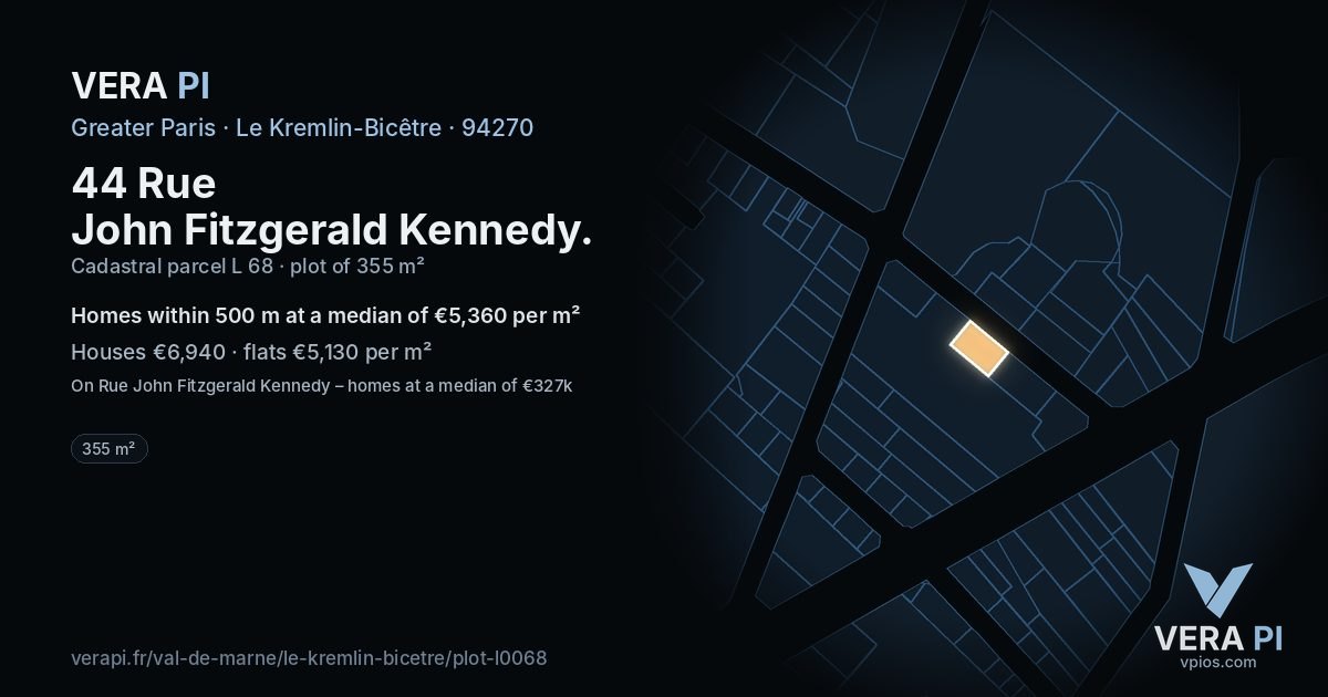 44 Rue John Fitzgerald Kennedy, Le Kremlin-Bicêtre at night – the plot lit, the parcels around coloured by the prices near them