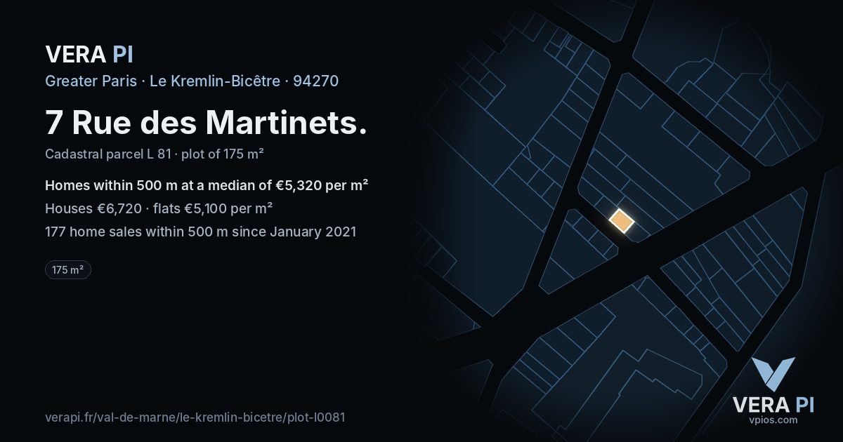 7 Rue des Martinets, Le Kremlin-Bicêtre at night – the plot lit, the parcels around coloured by the prices near them
