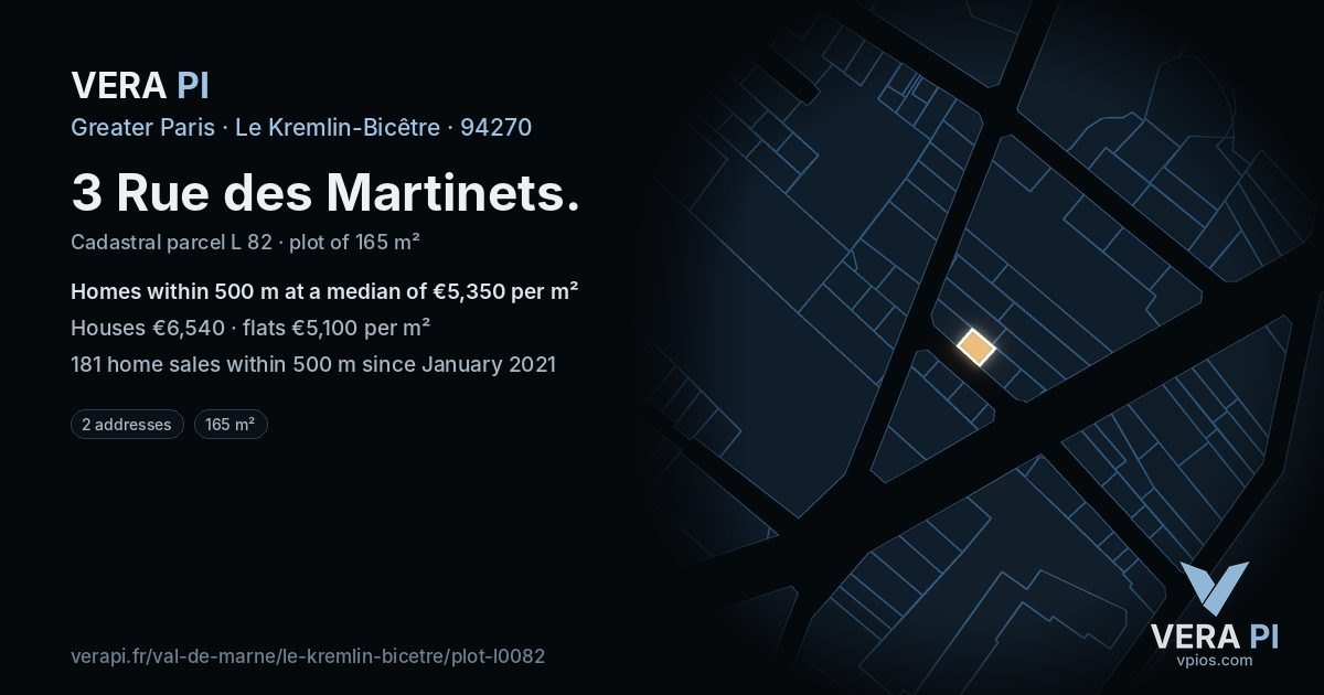 3 Rue des Martinets, Le Kremlin-Bicêtre at night – the plot lit, the parcels around coloured by the prices near them