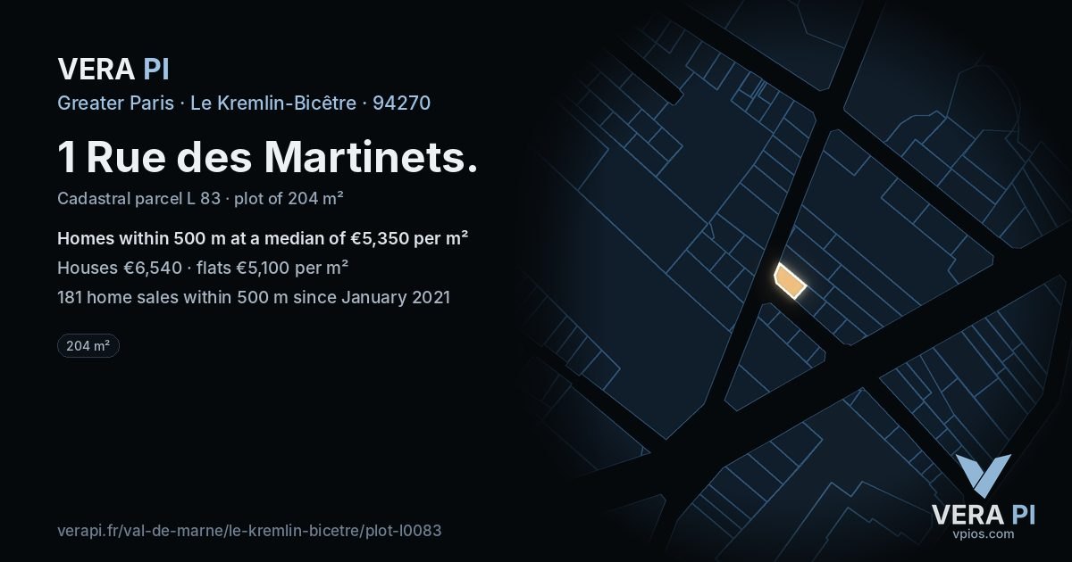 1 Rue des Martinets, Le Kremlin-Bicêtre at night – the plot lit, the parcels around coloured by the prices near them