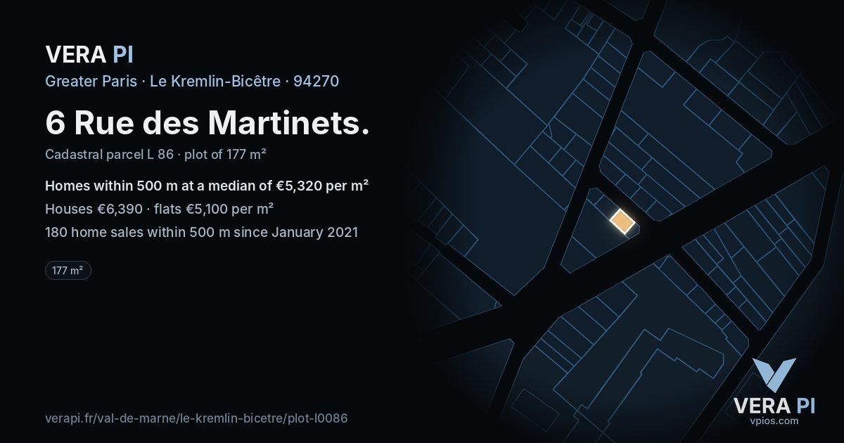 6 Rue des Martinets, Le Kremlin-Bicêtre at night – the plot lit, the parcels around coloured by the prices near them