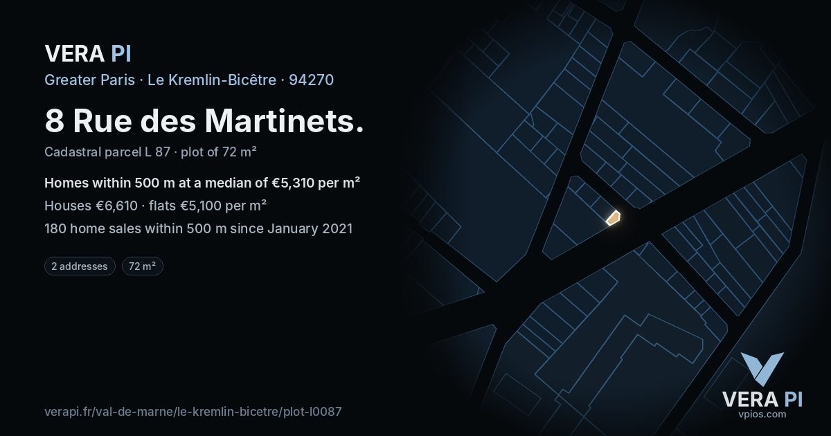 8 Rue des Martinets, Le Kremlin-Bicêtre at night – the plot lit, the parcels around coloured by the prices near them
