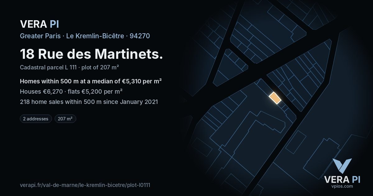 18 Rue des Martinets, Le Kremlin-Bicêtre at night – the plot lit, the parcels around coloured by the prices near them