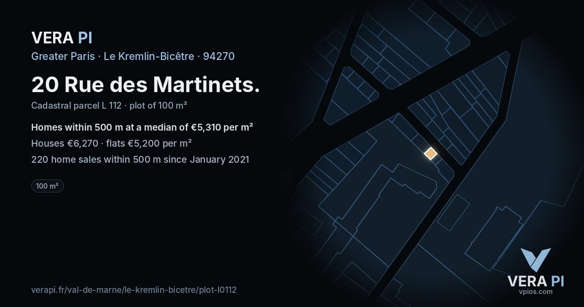 20 Rue des Martinets, Le Kremlin-Bicêtre at night – the plot lit, the parcels around coloured by the prices near them