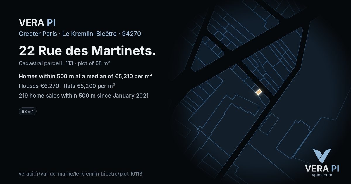 22 Rue des Martinets, Le Kremlin-Bicêtre at night – the plot lit, the parcels around coloured by the prices near them