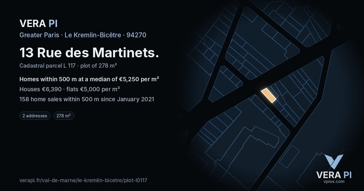 13 Rue des Martinets, Le Kremlin-Bicêtre at night – the plot lit, the parcels around coloured by the prices near them