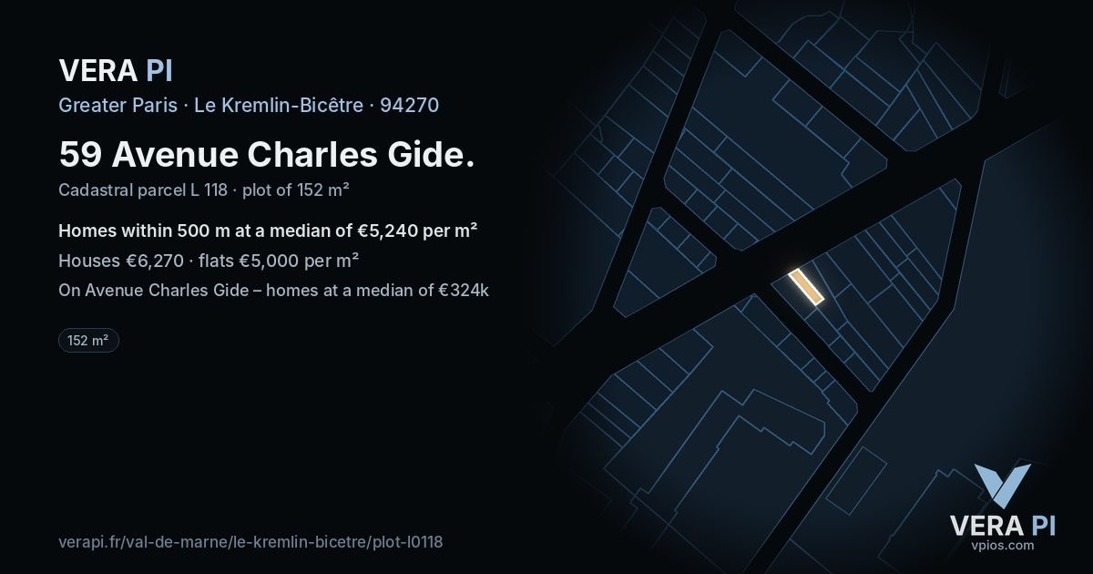 59 Avenue Charles Gide, Le Kremlin-Bicêtre at night – the plot lit, the parcels around coloured by the prices near them