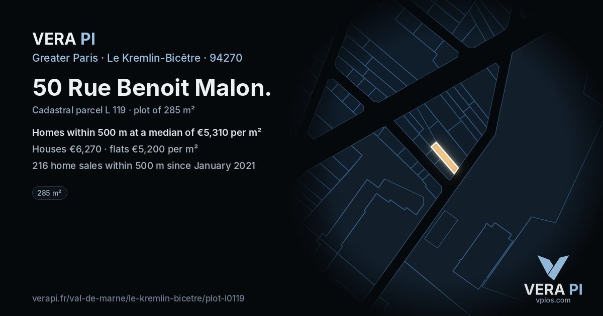 50 Rue Benoit Malon, Le Kremlin-Bicêtre at night – the plot lit, the parcels around coloured by the prices near them