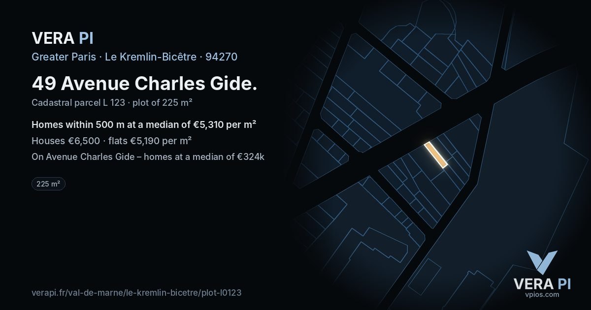 49 Avenue Charles Gide, Le Kremlin-Bicêtre at night – the plot lit, the parcels around coloured by the prices near them