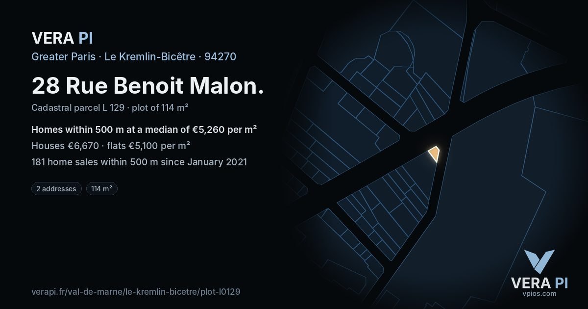 28 Rue Benoit Malon, Le Kremlin-Bicêtre at night – the plot lit, the parcels around coloured by the prices near them