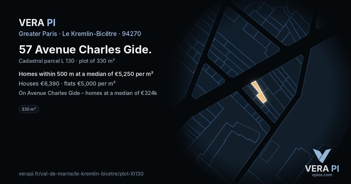 57 Avenue Charles Gide, Le Kremlin-Bicêtre at night – the plot lit, the parcels around coloured by the prices near them