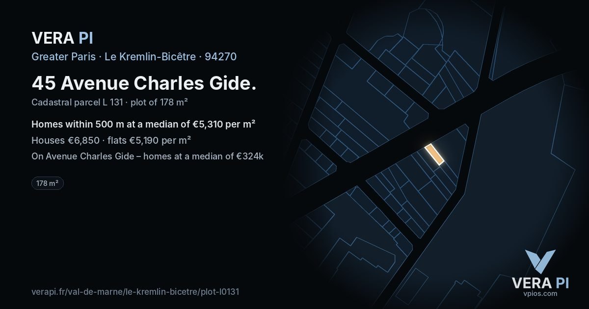 45 Avenue Charles Gide, Le Kremlin-Bicêtre at night – the plot lit, the parcels around coloured by the prices near them