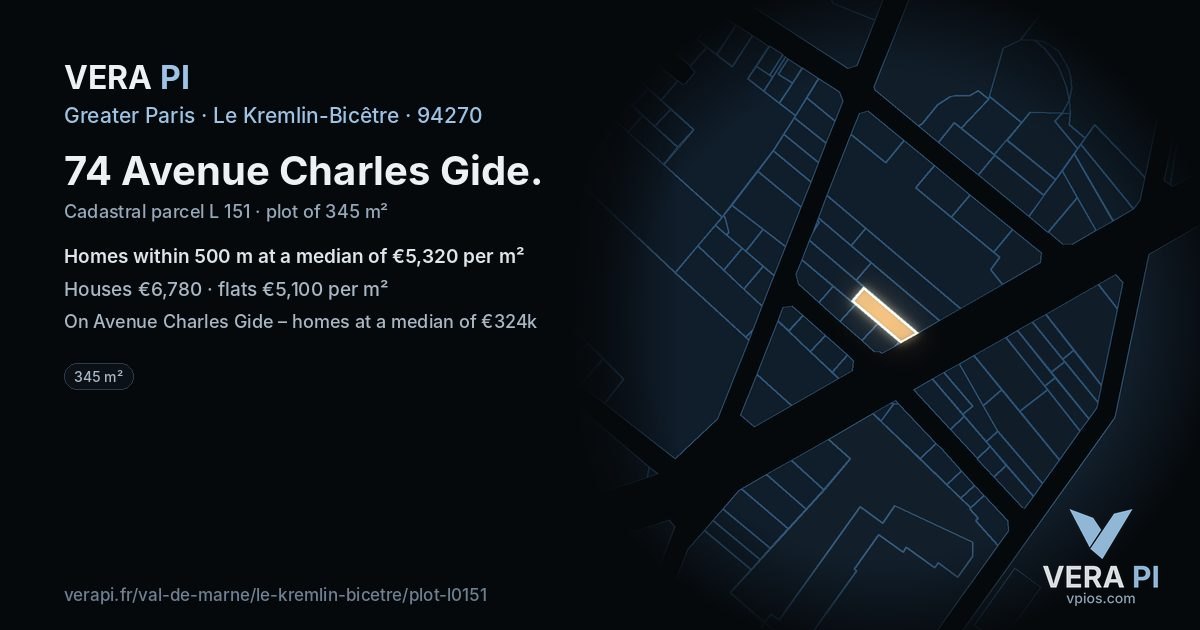 74 Avenue Charles Gide, Le Kremlin-Bicêtre at night – the plot lit, the parcels around coloured by the prices near them