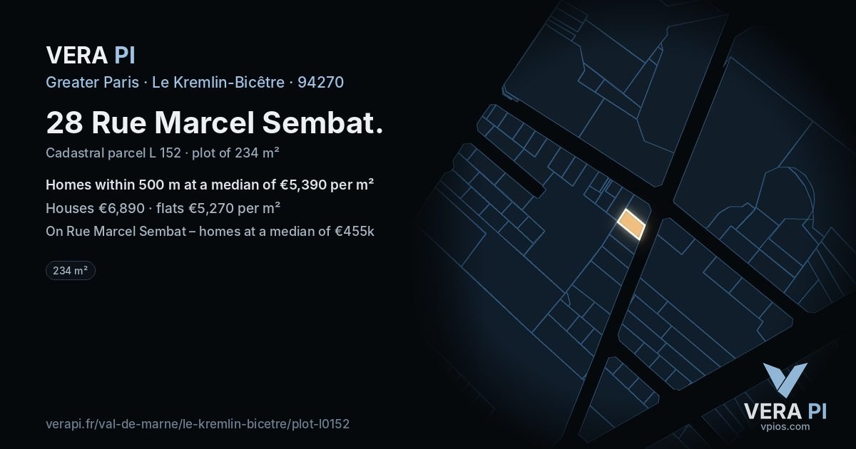 28 Rue Marcel Sembat, Le Kremlin-Bicêtre at night – the plot lit, the parcels around coloured by the prices near them
