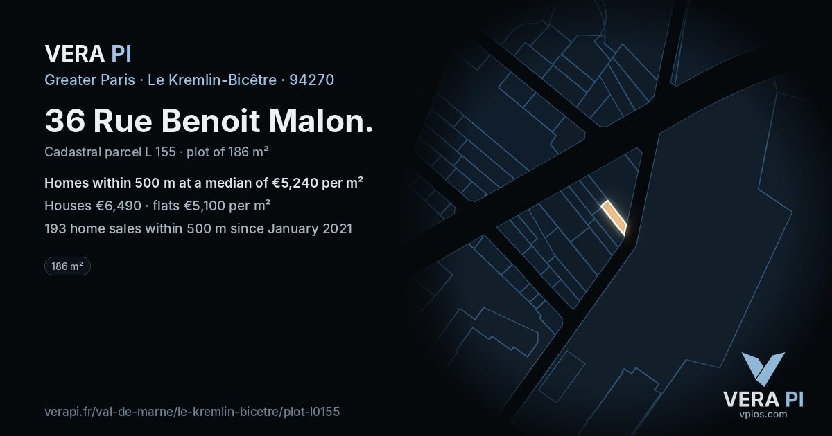 36 Rue Benoit Malon, Le Kremlin-Bicêtre at night – the plot lit, the parcels around coloured by the prices near them