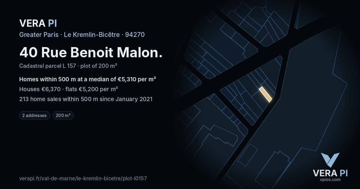 40 Rue Benoit Malon, Le Kremlin-Bicêtre at night – the plot lit, the parcels around coloured by the prices near them