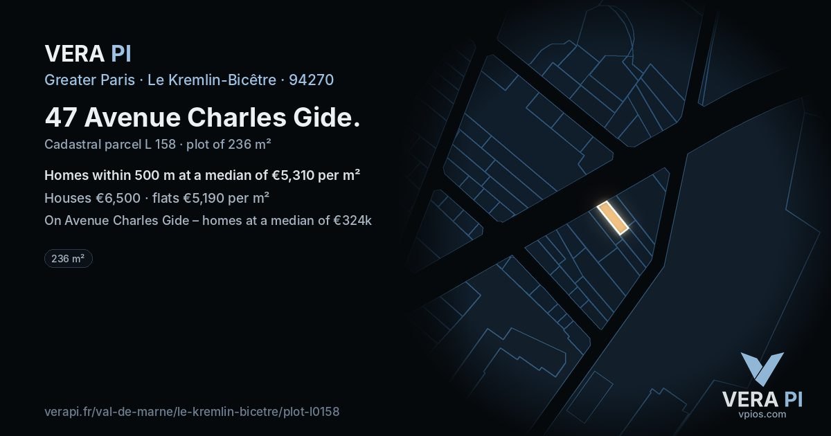 47 Avenue Charles Gide, Le Kremlin-Bicêtre at night – the plot lit, the parcels around coloured by the prices near them