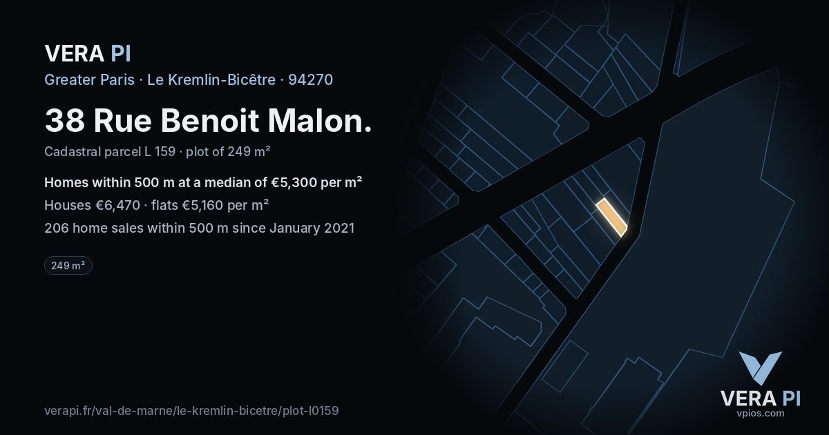 38 Rue Benoit Malon, Le Kremlin-Bicêtre at night – the plot lit, the parcels around coloured by the prices near them