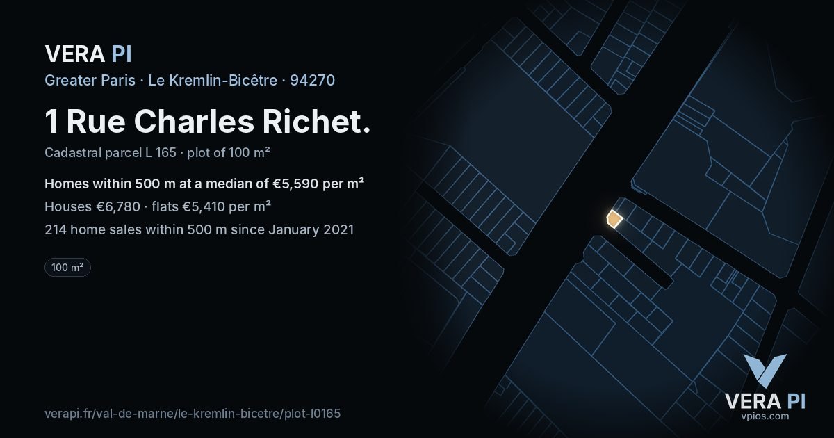 1 Rue Charles Richet, Le Kremlin-Bicêtre at night – the plot lit, the parcels around coloured by the prices near them