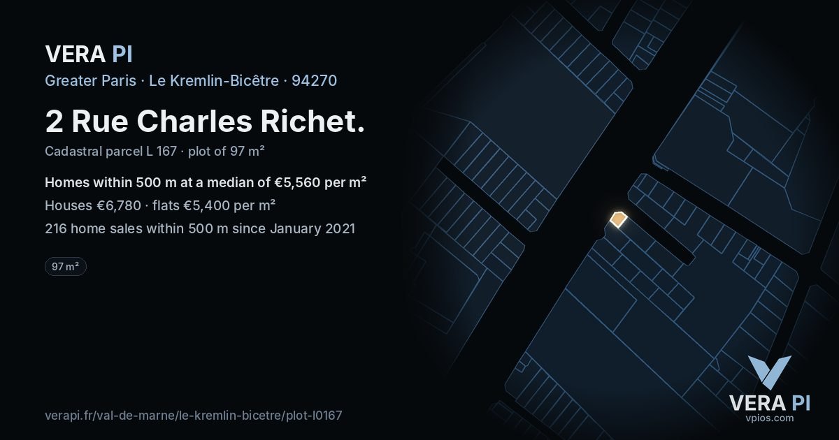 2 Rue Charles Richet, Le Kremlin-Bicêtre at night – the plot lit, the parcels around coloured by the prices near them