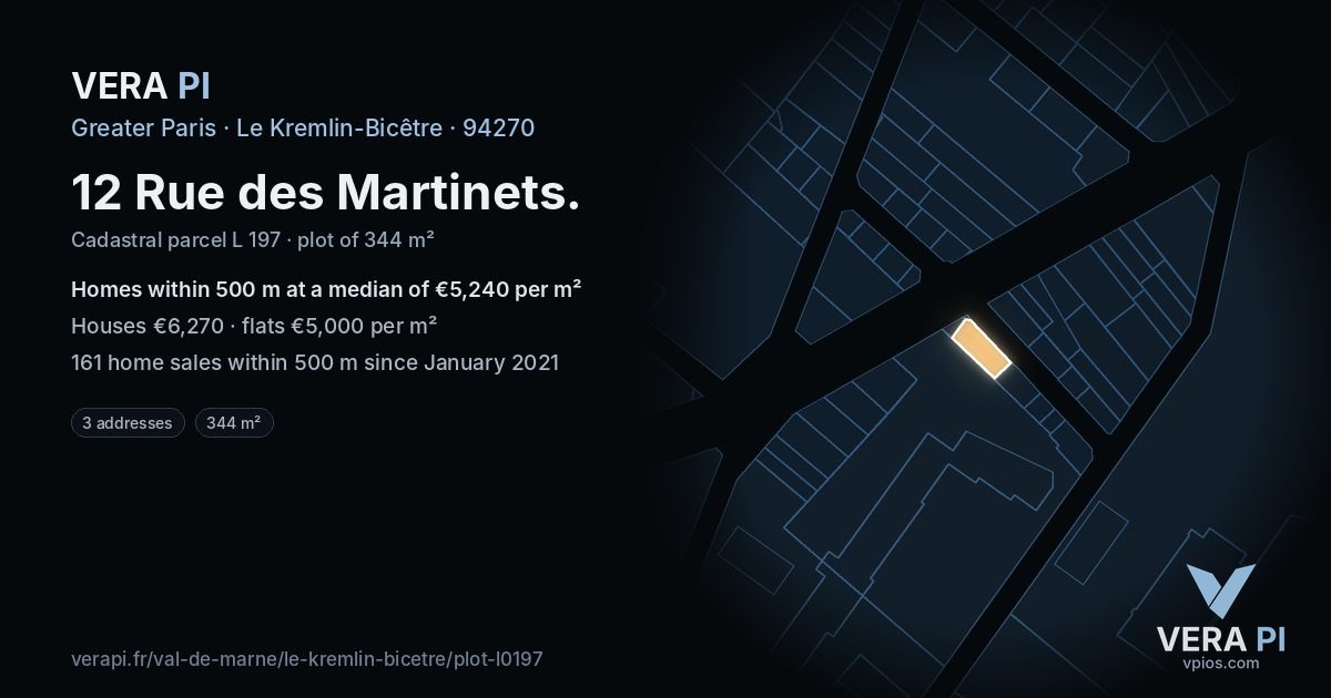 12 Rue des Martinets, Le Kremlin-Bicêtre at night – the plot lit, the parcels around coloured by the prices near them