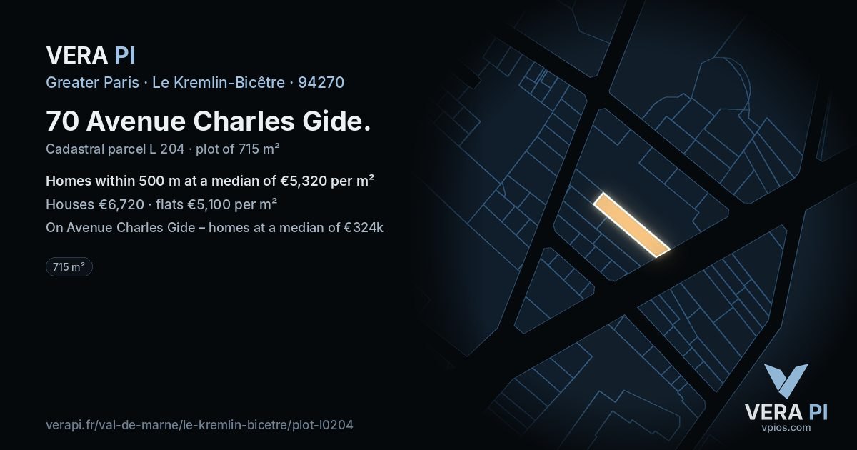 70 Avenue Charles Gide, Le Kremlin-Bicêtre at night – the plot lit, the parcels around coloured by the prices near them