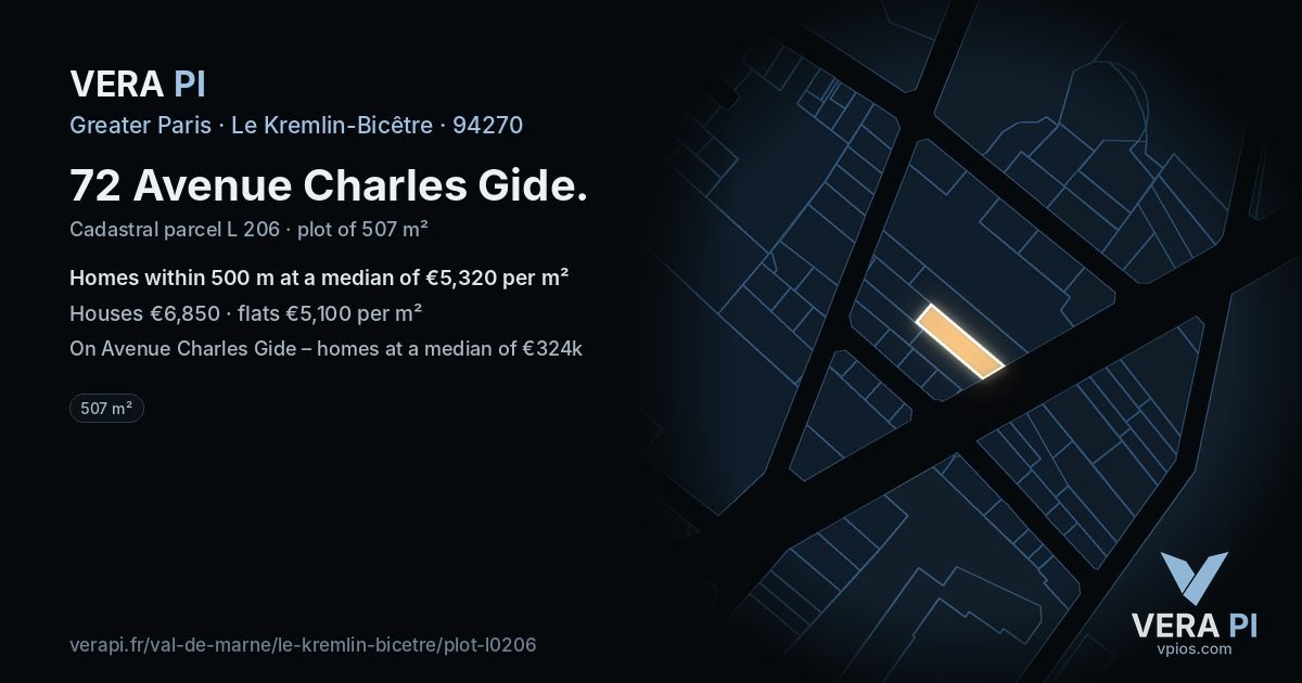 72 Avenue Charles Gide, Le Kremlin-Bicêtre at night – the plot lit, the parcels around coloured by the prices near them