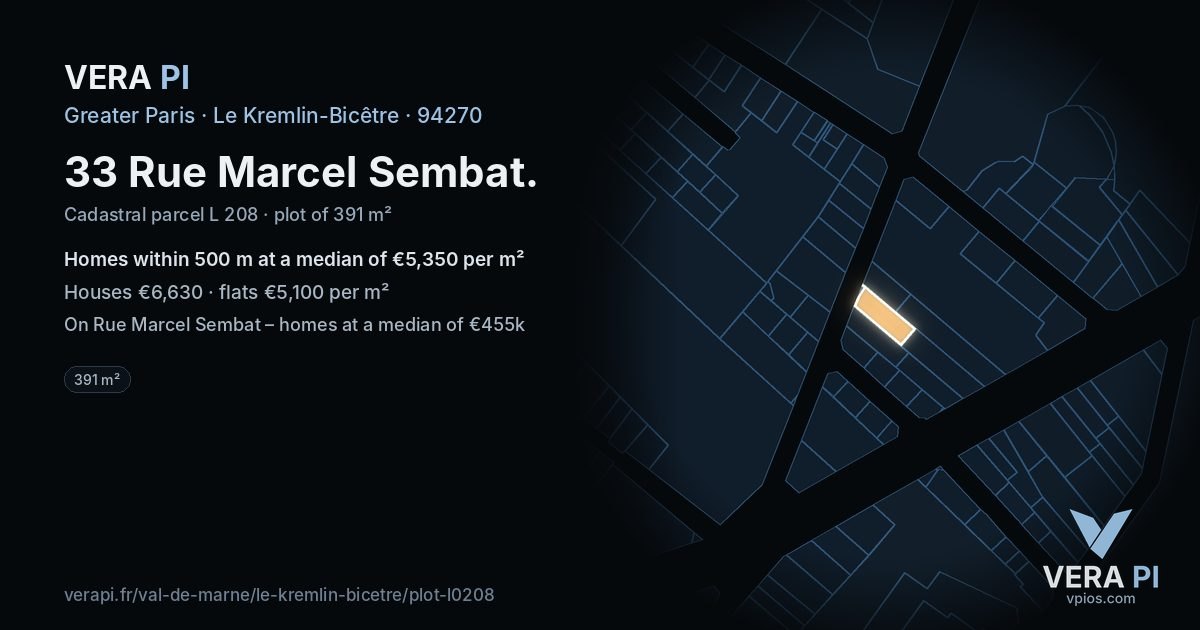 33 Rue Marcel Sembat, Le Kremlin-Bicêtre at night – the plot lit, the parcels around coloured by the prices near them