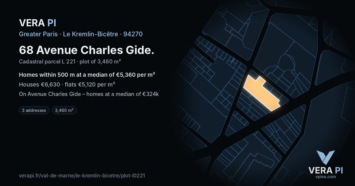 68 Avenue Charles Gide, Le Kremlin-Bicêtre at night – the plot lit, the parcels around coloured by the prices near them