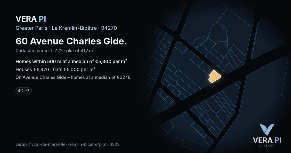 60 Avenue Charles Gide, Le Kremlin-Bicêtre at night – the plot lit, the parcels around coloured by the prices near them