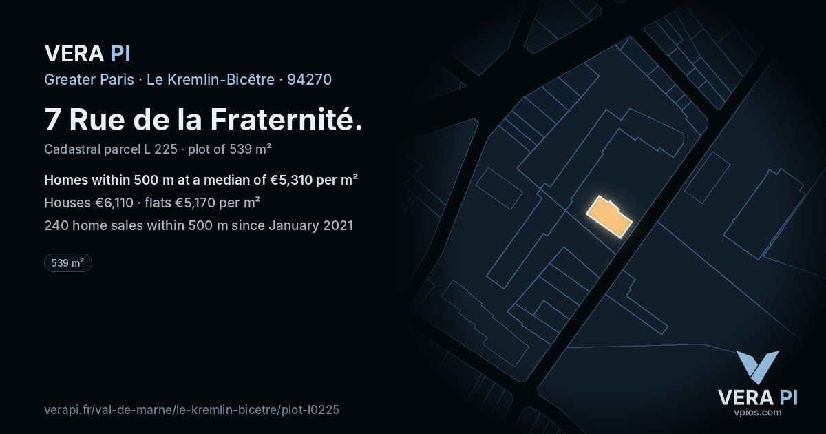 7 Rue de la Fraternité, Le Kremlin-Bicêtre at night – the plot lit, the parcels around coloured by the prices near them
