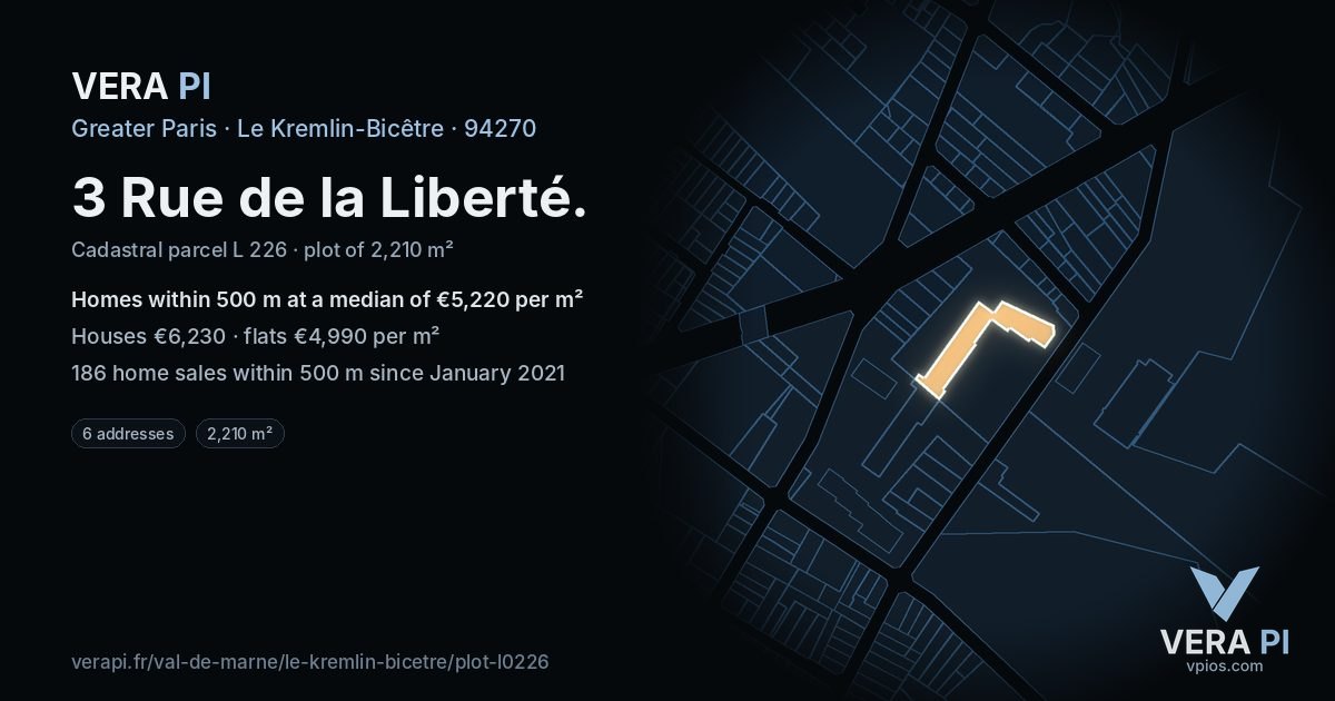 3 Rue de la Liberté, Le Kremlin-Bicêtre at night – the plot lit, the parcels around coloured by the prices near them