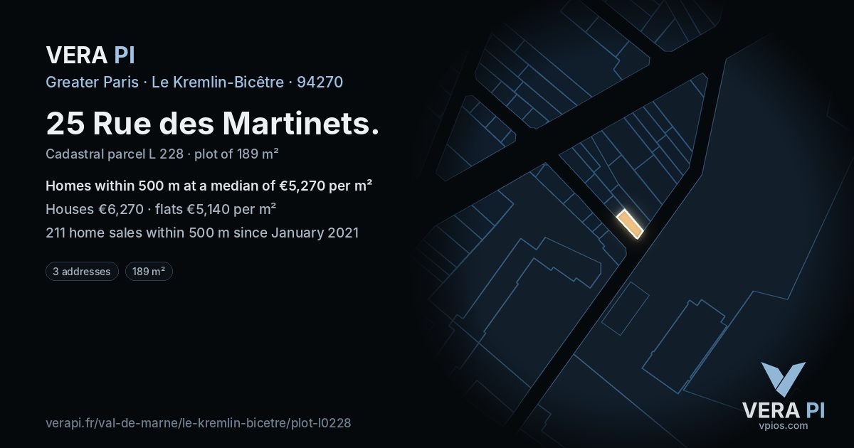 25 Rue des Martinets, Le Kremlin-Bicêtre at night – the plot lit, the parcels around coloured by the prices near them