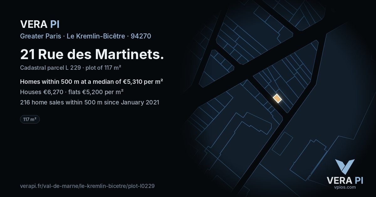 21 Rue des Martinets, Le Kremlin-Bicêtre at night – the plot lit, the parcels around coloured by the prices near them