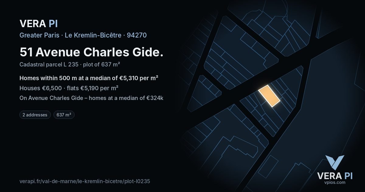51 Avenue Charles Gide, Le Kremlin-Bicêtre at night – the plot lit, the parcels around coloured by the prices near them