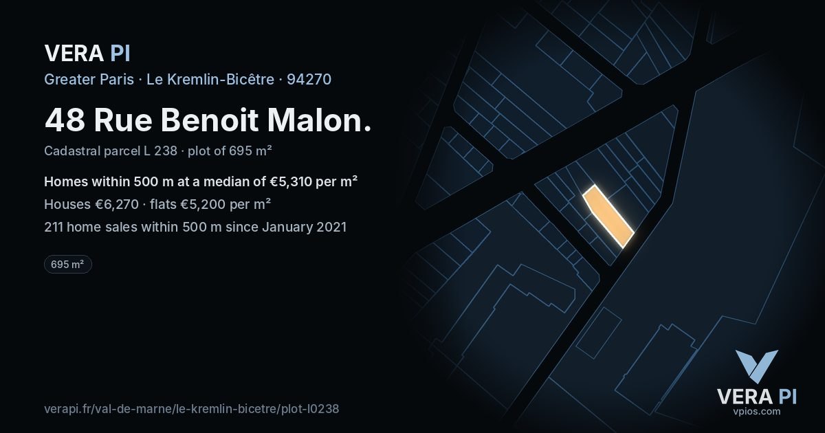 48 Rue Benoit Malon, Le Kremlin-Bicêtre at night – the plot lit, the parcels around coloured by the prices near them