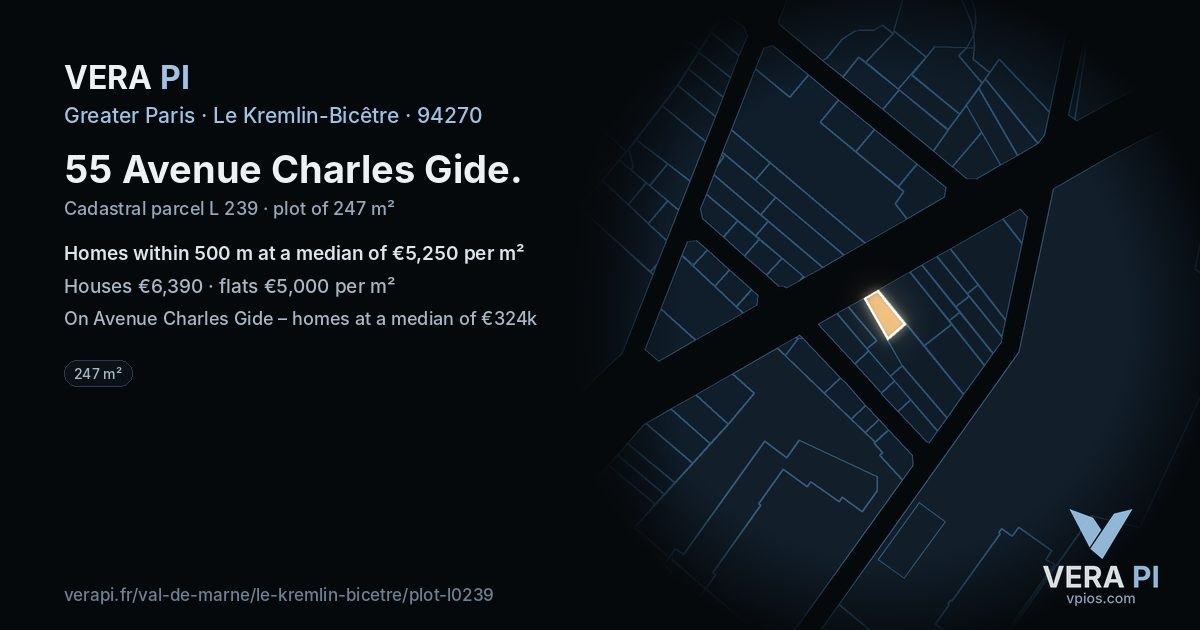 55 Avenue Charles Gide, Le Kremlin-Bicêtre at night – the plot lit, the parcels around coloured by the prices near them