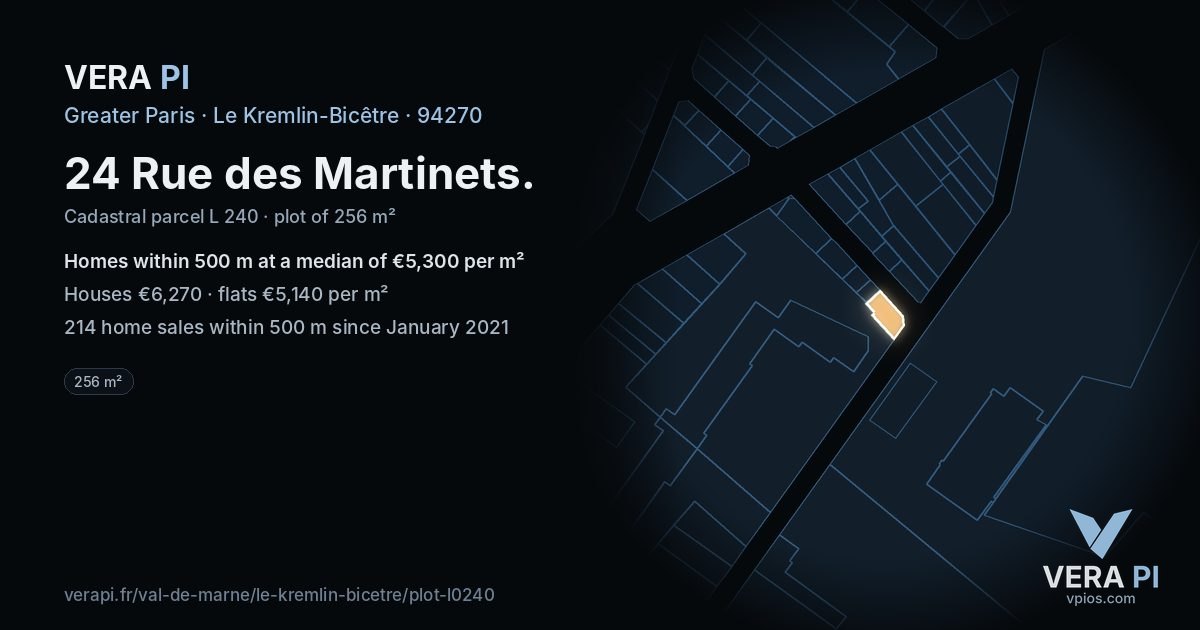 24 Rue des Martinets, Le Kremlin-Bicêtre at night – the plot lit, the parcels around coloured by the prices near them