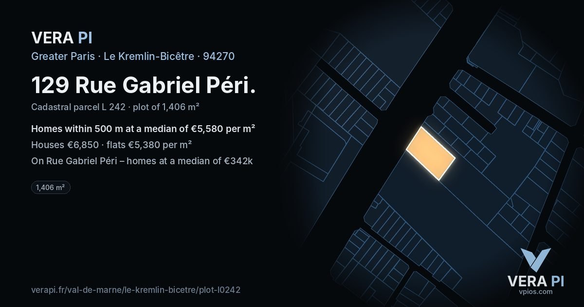 129 Rue Gabriel Péri, Le Kremlin-Bicêtre at night – the plot lit, the parcels around coloured by the prices near them
